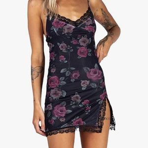 Y2k black flower rose lace dress vneck bodycon